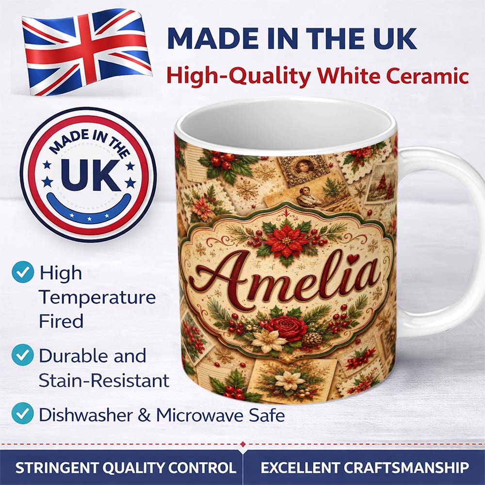 Personalized Custom Name Vintage Christmas Cards Floral Arrangements and Rustic Holiday 11oz Ceramic Coffee Tea Mug White Large Handle