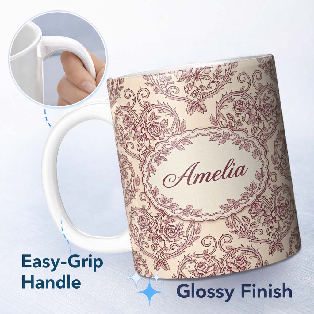 Personalized Custom Name Vintage Rose Heart Scroll Ornamental Seamless Pattern Design Lovely 11oz Ceramic Coffee Tea Mug White Large Handle
