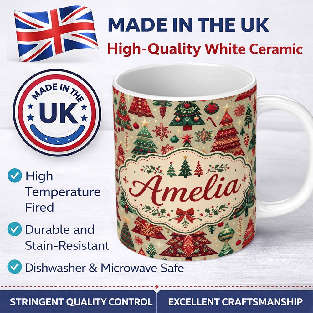 Personalized Custom Name Vintage Christmas Trees Ornaments Red Green Holiday Seamless Pattern 11oz Ceramic Coffee Tea Mug White Large Handle