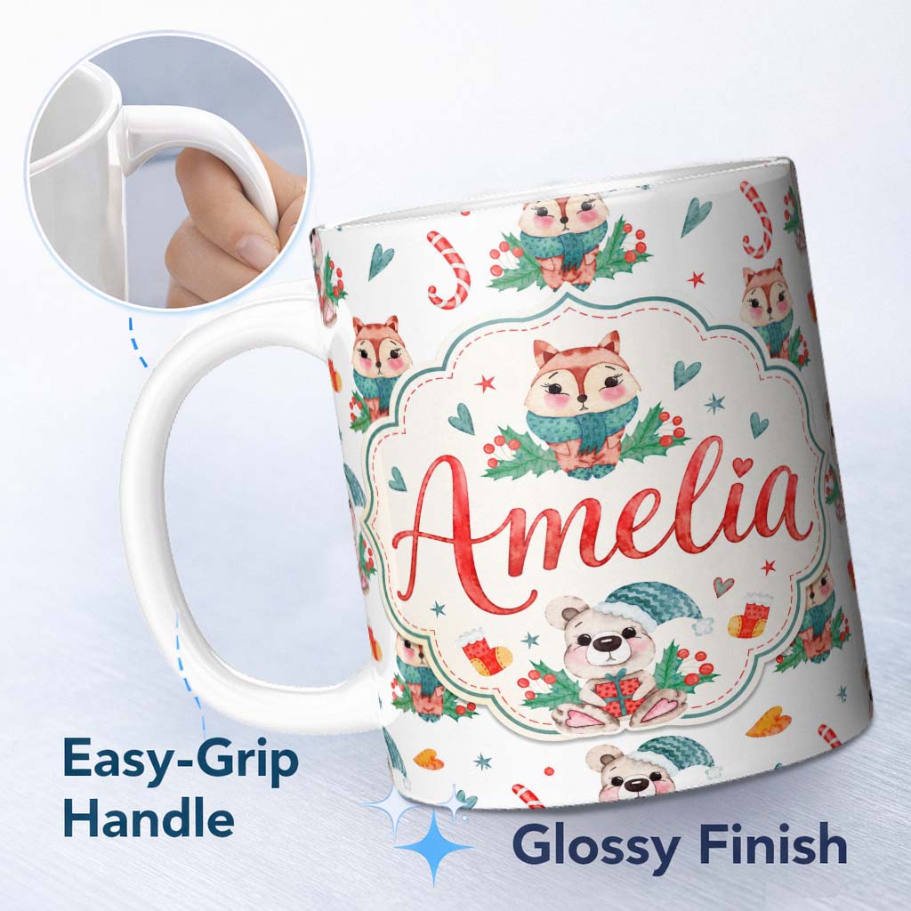 Personalized Custom Name Cute Woodland Fox Bear Candy Cane Winter Christmas Seamless Pattern 11oz Ceramic Coffee Tea Mug White Large Handle