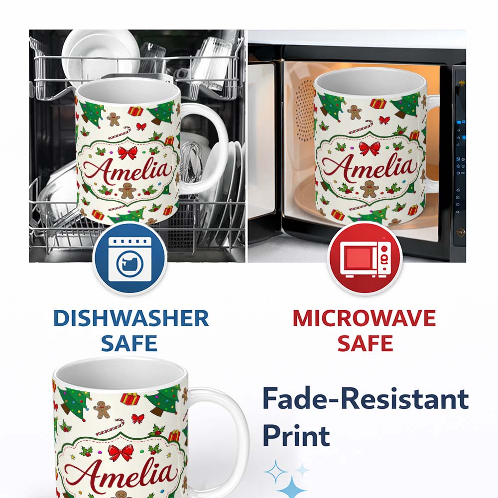 Personalized Custom Name Cute Christmas Tree Gifts Candy Cane Gingerbread Seamless Pattern 11oz Ceramic Coffee Tea Mug White Large Handle