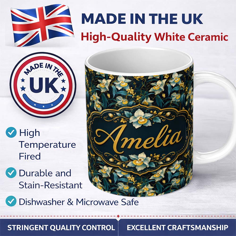 Personalized Custom Name Dark Botanical Orchid Floral with Blue and Gold Tones Black Lovely 11oz Ceramic Coffee Tea Mug White Large Handle