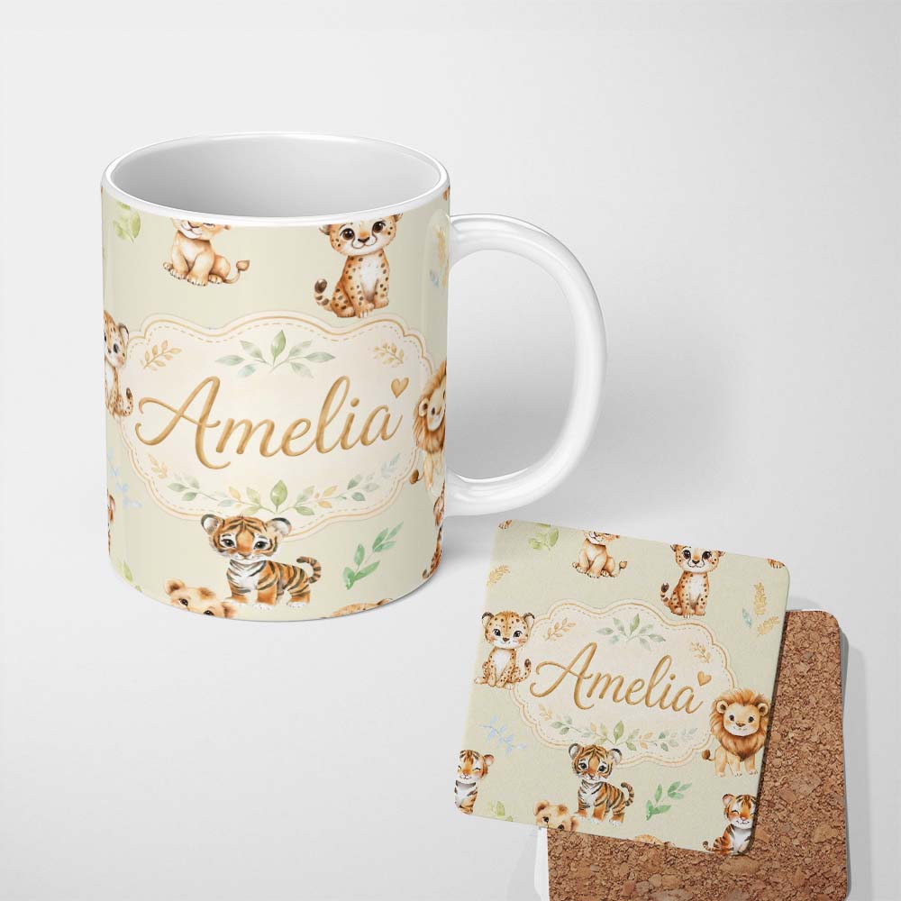 Personalized Custom Name Cute Baby Jungle Animals with Leaves on Light Olive Background 11oz Ceramic Coffee Tea Mug White Large Handle