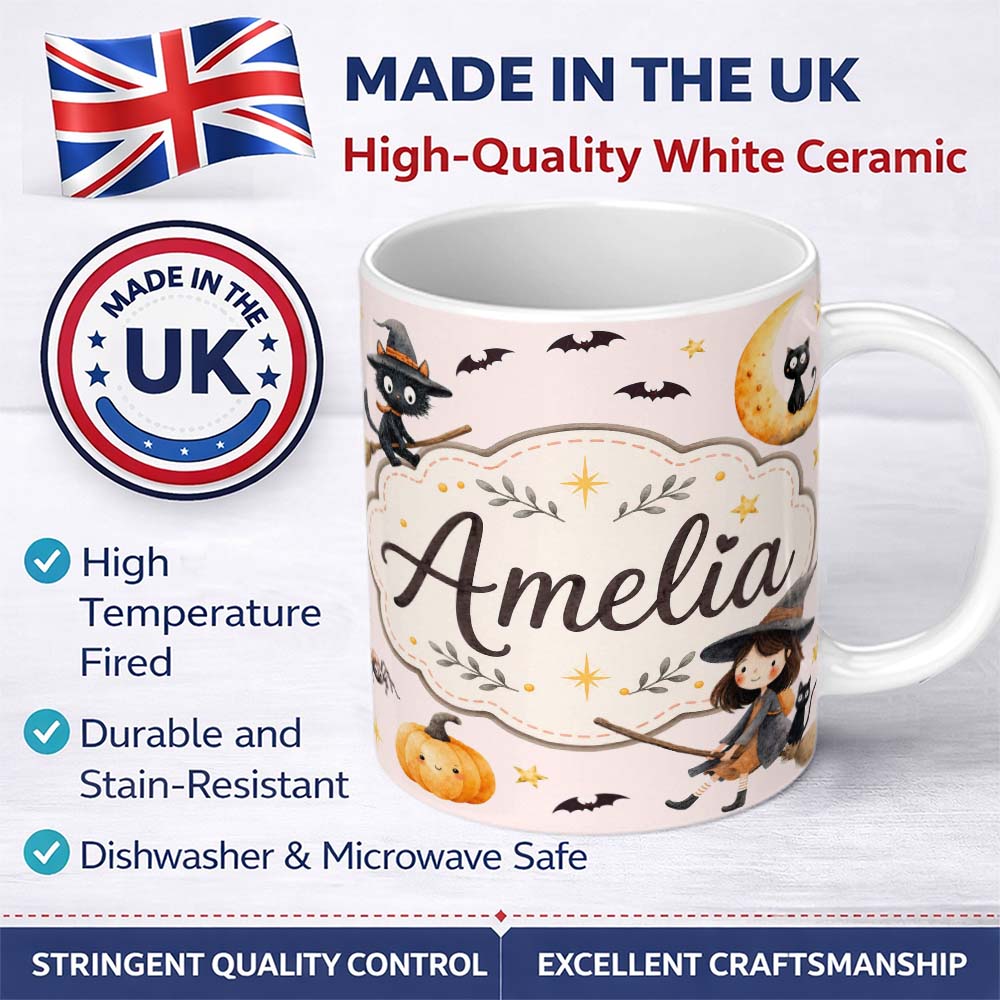 Personalized Custom Name Halloween Witch Cat Moon Stars Spooky Night Blush Seamless Pattern 11oz Ceramic Coffee Tea Mug White Large Handle