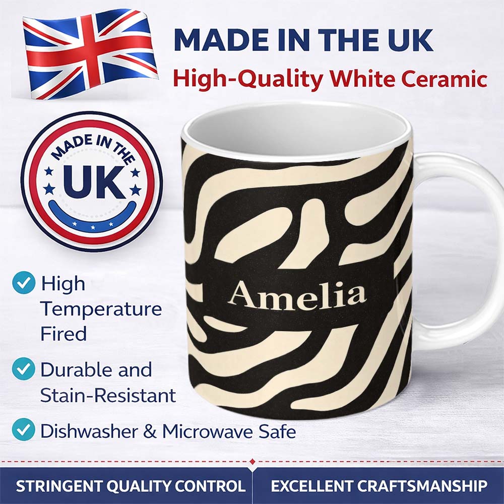 Personalized Custom Name Fluid Zebra Waves Black Cream Organic Stripe Pattern Lovely 11oz Ceramic Coffee Tea Mug White Large Handle