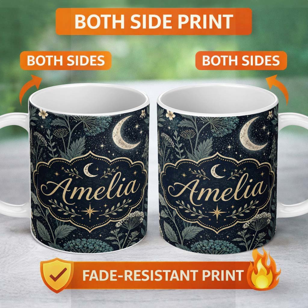 Personalized Custom Name Dark Botanical Moon Stars Night Meadow Seamless Pattern Lovely 11oz Ceramic Coffee Tea Mug White Large Handle