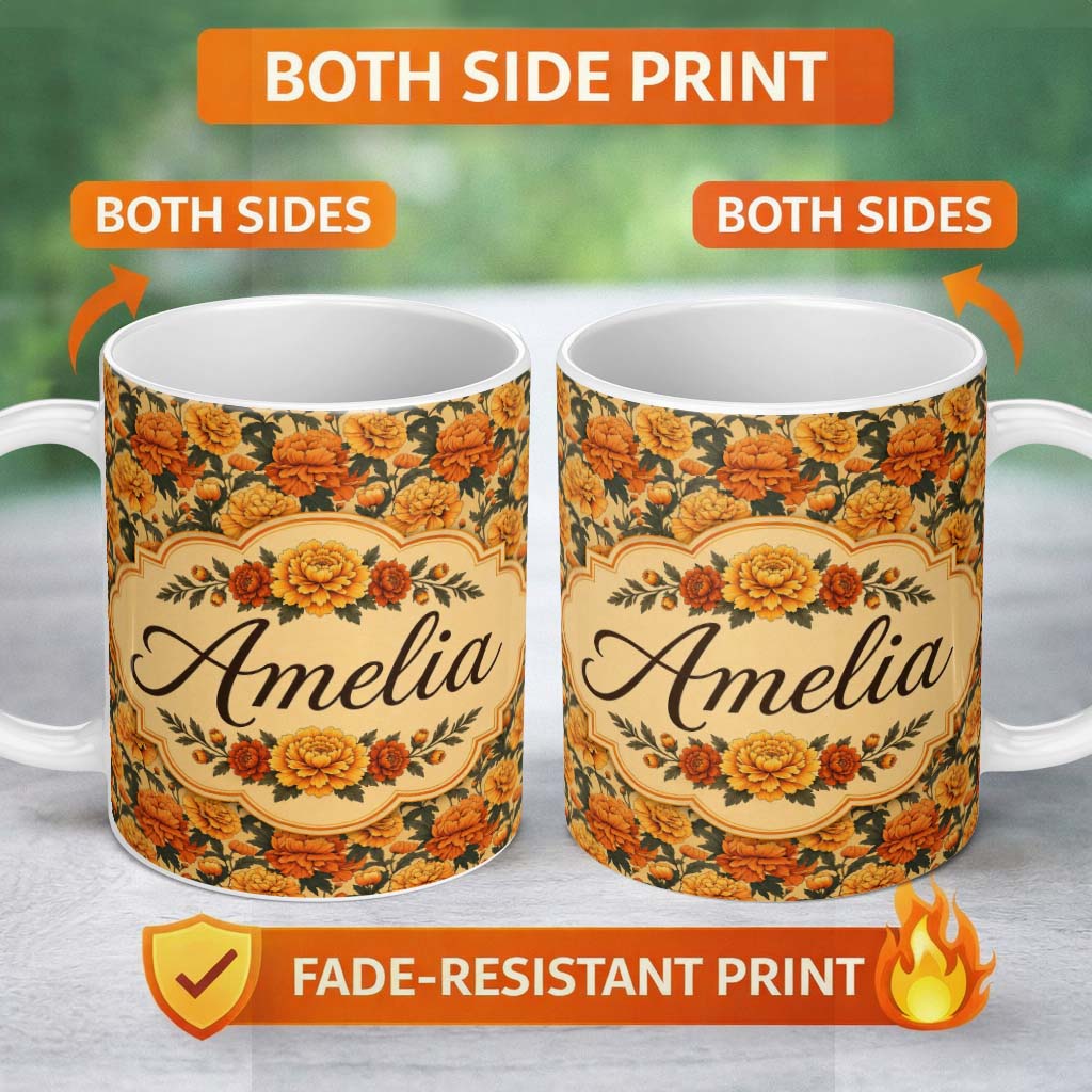 Personalized Custom Name Vintage Orange Marigold Floral Seamless Pattern on Beige Background 11oz Ceramic Coffee Tea Mug White Large Handle