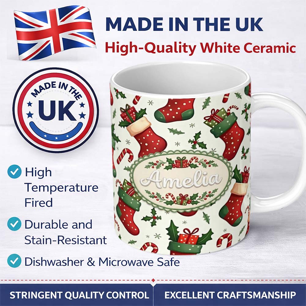 Personalized Custom Name Cute Christmas Stocking Gifts Candy Cane Holly Seamless Pattern 11oz Ceramic Coffee Tea Mug White Large Handle