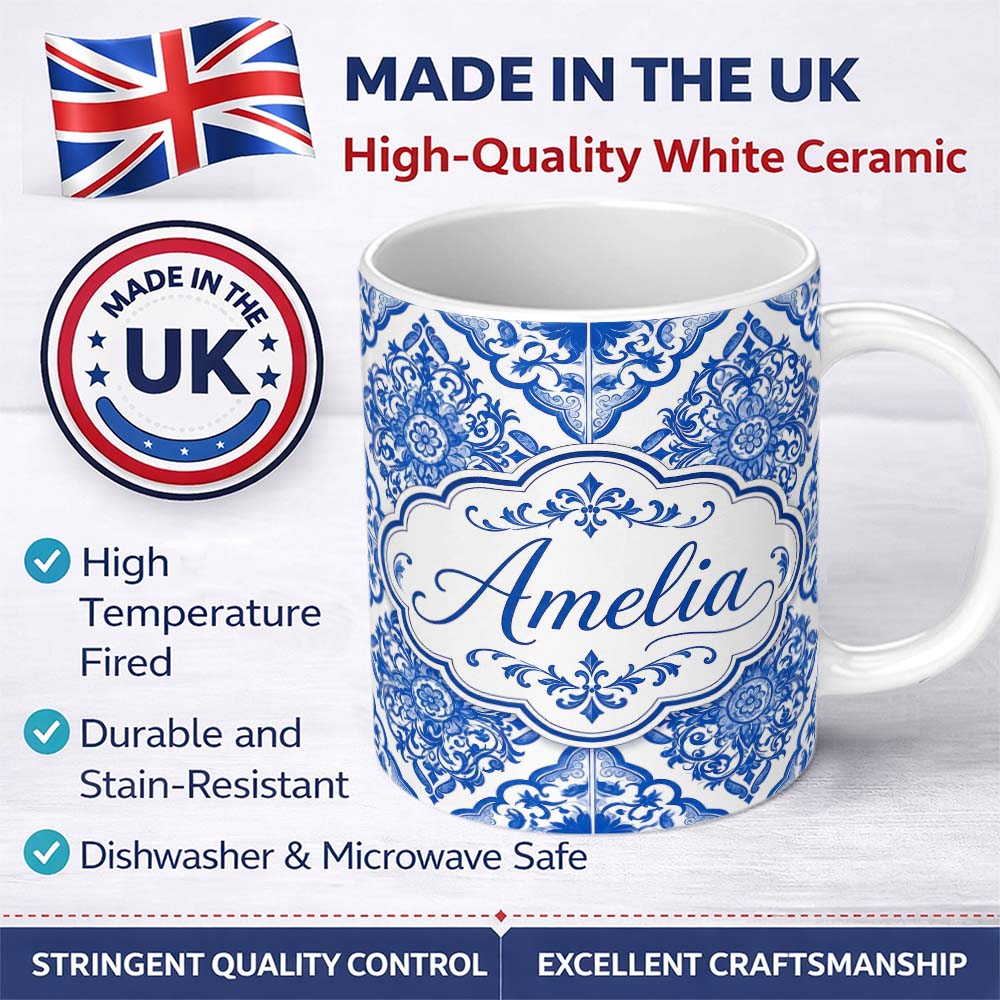 Personalized Custom Name Blue Portuguese Azulejo Ornamental Tile Seamless Pattern Lovely 11oz Ceramic Coffee Tea Mug White Large Handle