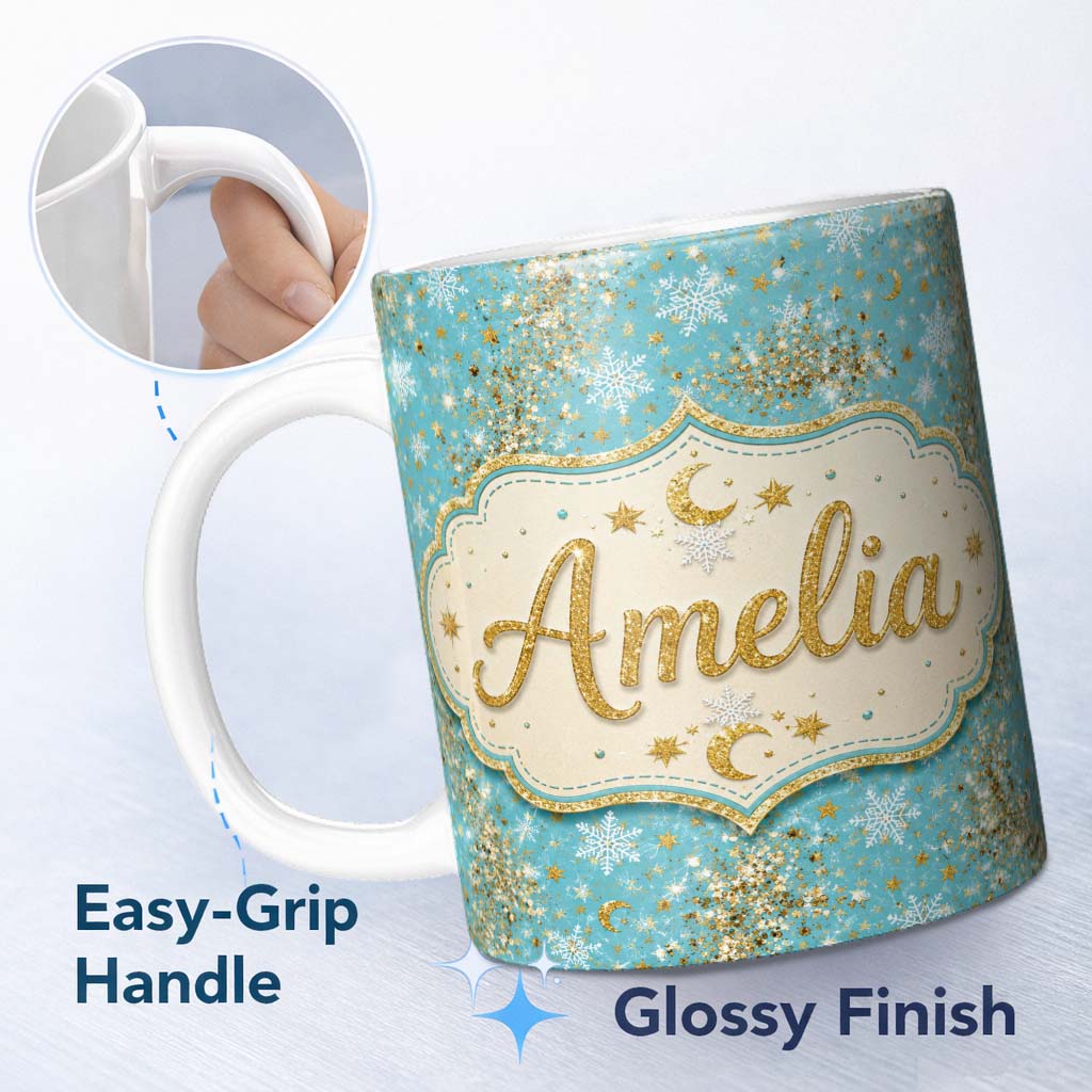 Personalized Custom Name Light Blue Gold Snowflake Star Glitter Christmas Seamless Pattern 11oz Ceramic Coffee Tea Mug White Large Handle