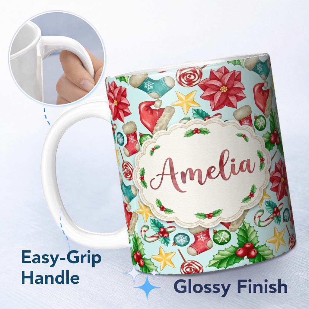 Personalized Custom Name Cute Christmas Poinsettia Holly Candy Cane Festive Seamless Pattern 11oz Ceramic Coffee Tea Mug White Large Handle