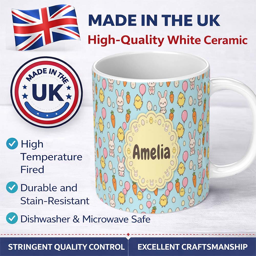 Personalized Custom Name Cute Easter Bunny Chick Eggs Carrot Cute Seamless Pattern Blue 11oz Ceramic Coffee Tea Mug White Large Handle