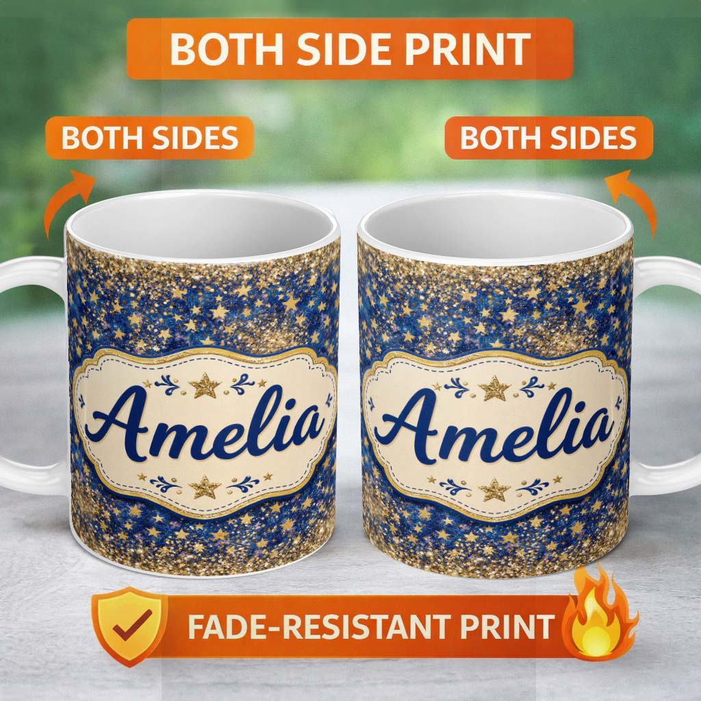 Personalized Custom Name Blue Galaxy Gold Stars Glitter Christmas Seamless Pattern Lovely 11oz Ceramic Coffee Tea Mug White Large Handle
