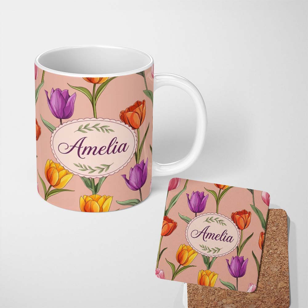 Personalized Custom Name Elegant Tulip Floral Seamless Pattern Peach Background Spring Lovely 11oz Ceramic Coffee Tea Mug White Large Handle