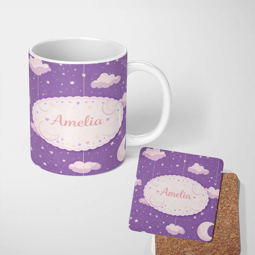 Personalized Custom Name Purple Night Sky Moon Hanging Stars Cute Seamless Pattern Lovely 11oz Ceramic Coffee Tea Mug White Large Handle