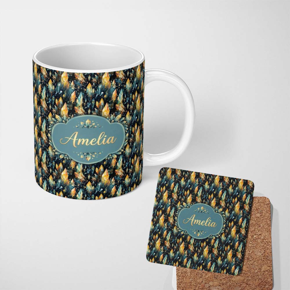 Personalized Custom Name Vibrant Abstract Crystal Seamless Pattern Dark Artistic Gemstone 11oz Ceramic Coffee Tea Mug White Large Handle