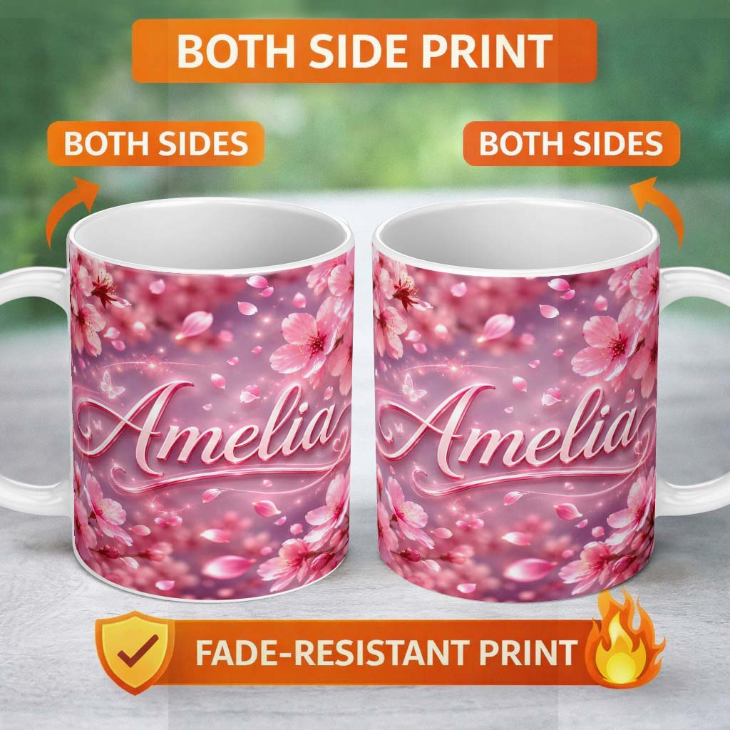 Personalized Custom Name Dreamy Pink Cherry Blossom Branches with Soft Focus Gentle Spring 11oz Ceramic Coffee Tea Mug White Large Handle