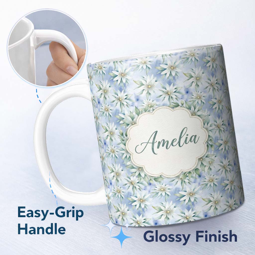 Personalized Custom Name Delicate White Floral on Soft Blue Background Seamless Pattern 11oz Ceramic Coffee Tea Mug White Large Handle
