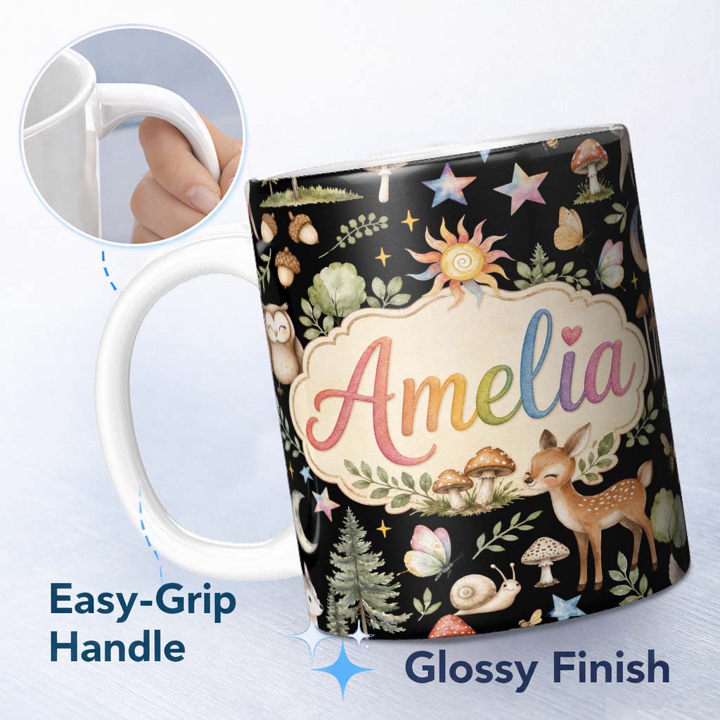 Personalized Custom Name Cute Woodland Animals with Deer Owl Mushrooms and Forest Elements 11oz Ceramic Coffee Tea Mug White Large Handle