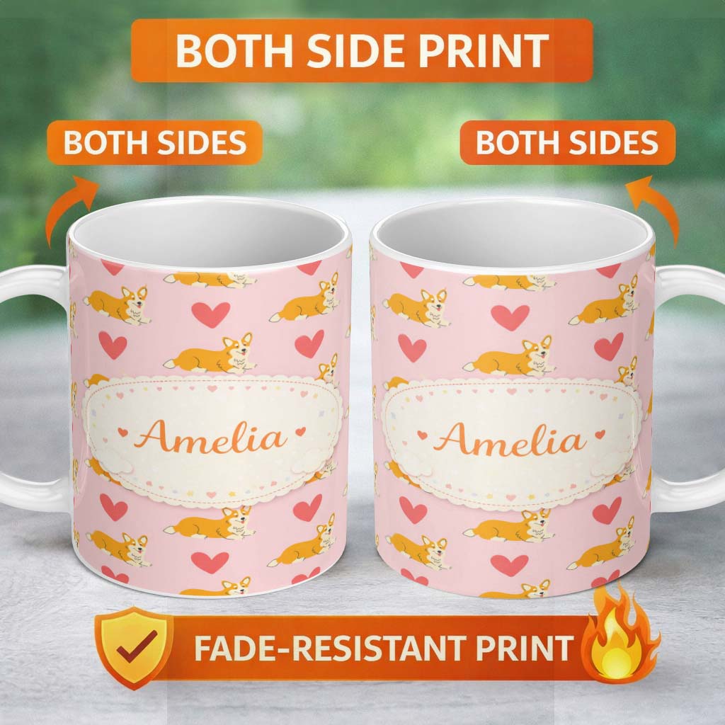 Personalized Custom Name Playful Corgi Dogs Heart Seamless Pattern Perfect Gift for Her 11oz Ceramic Coffee Tea Mug White Large Handle