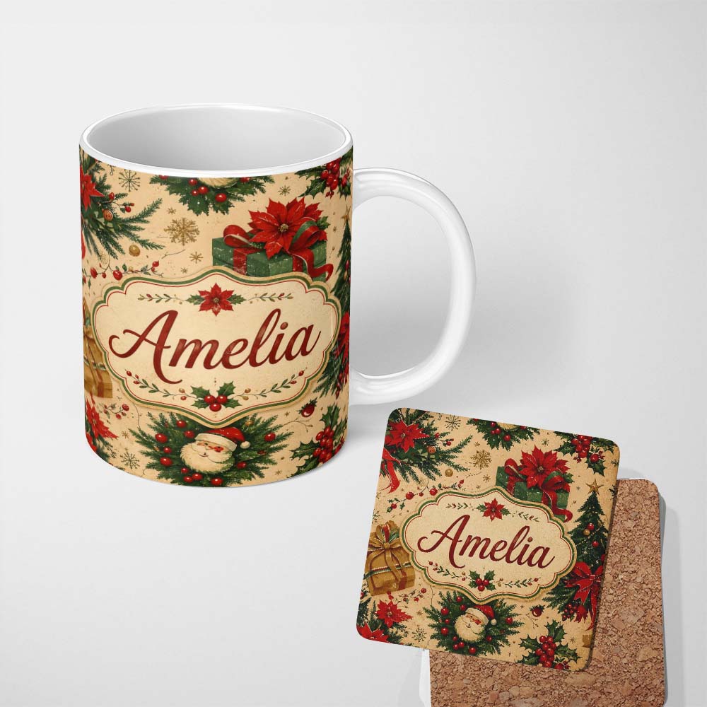 Personalized Custom Name Christmas Gift Boxes Pine Branch Holiday Seamless Pattern Lovely 11oz Ceramic Coffee Tea Mug White Large Handle