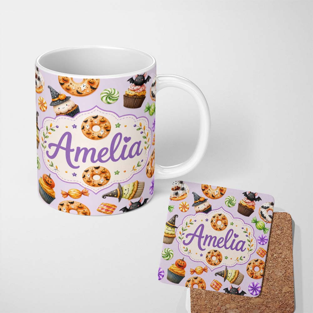 Personalized Custom Name Cute Halloween Donut Sweet Spooky Treats Soft Lilac Background 11oz Ceramic Coffee Tea Mug White Large Handle