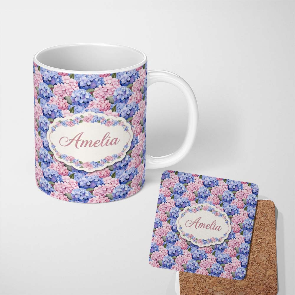 Personalized Custom Name Bold Pink and Blue Hydrangea Blossom Seamless Pattern Lovely 11oz Ceramic Coffee Tea Mug White Large Handle