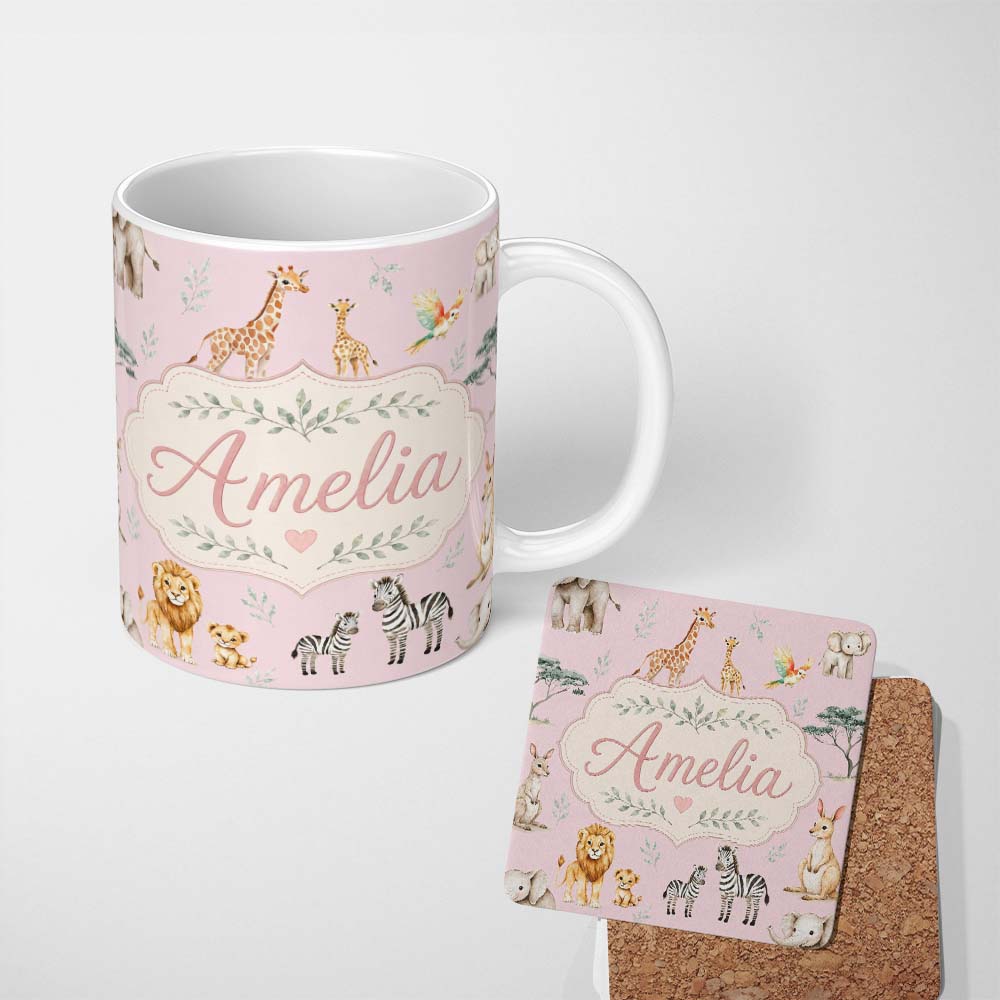 Personalized Custom Name Cute Safari Animals Giraffe Lion Zebra Parrot Seamless Pattern Mauve 11oz Ceramic Coffee Tea Mug White Large Handle