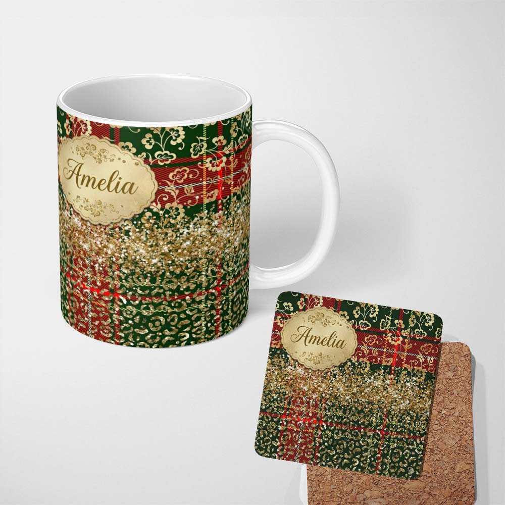 Personalized Custom Name Green Red Tartan Gold Glitter Leopard Seamless Pattern Design Lovely 11oz Ceramic Coffee Tea Mug White Large Handle