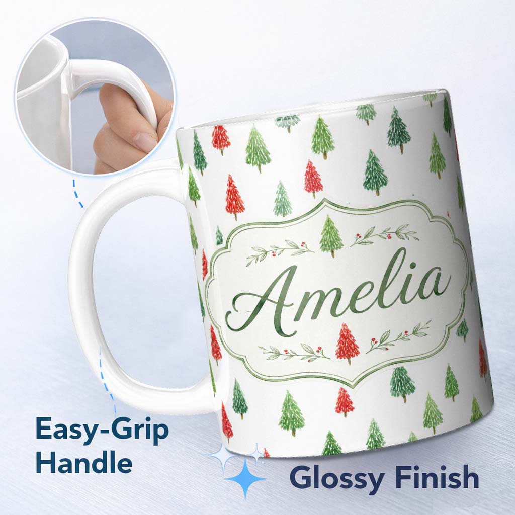 Personalized Custom Name Watercolor Red and Green Christmas Trees Pattern Festive Winter 11oz Ceramic Coffee Tea Mug White Large Handle