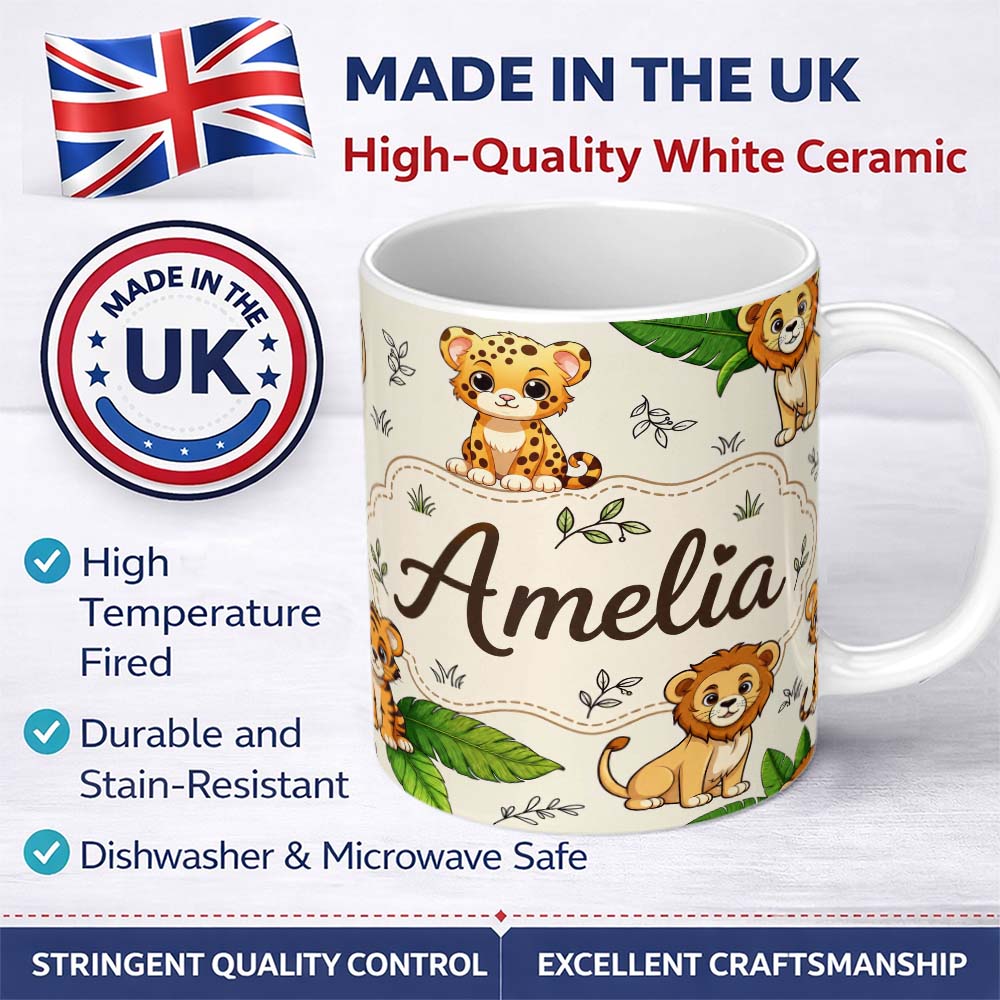 Personalized Custom Name Cute Jungle Animals Lion Tiger Leopard Tropical Leaves Cream Lovely 11oz Ceramic Coffee Tea Mug White Large Handle