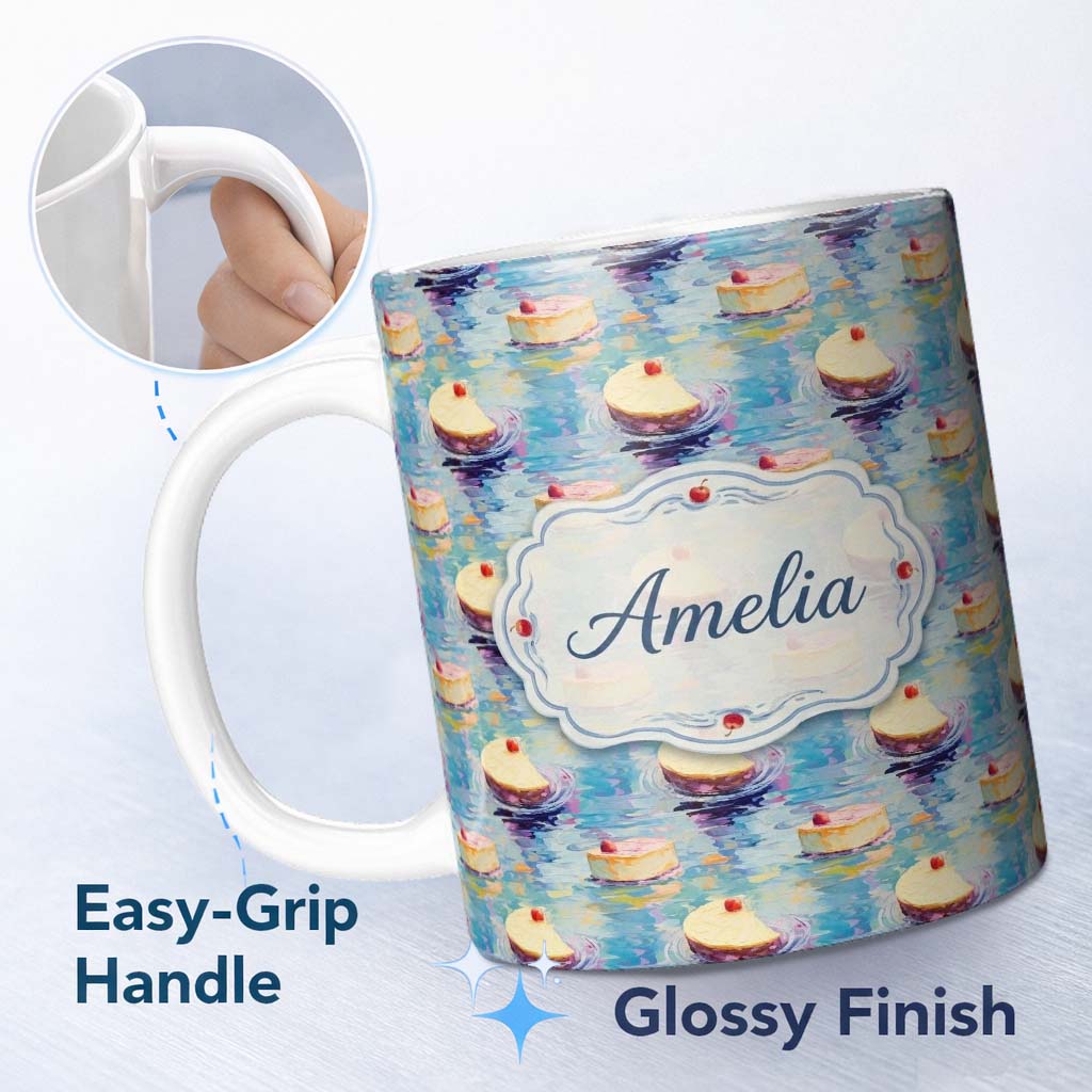 Personalized Custom Name Abstract Cheesecake Slice Floating Water Artistic Seamless Pattern 11oz Ceramic Coffee Tea Mug White Large Handle