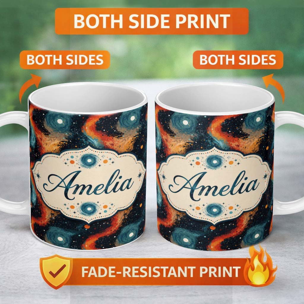 Personalized Custom Name Abstract Flowing Orange Blue Cosmic Space Seamless Pattern Artistic 11oz Ceramic Coffee Tea Mug White Large Handle