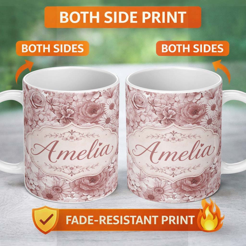 Personalized Custom Name Warm Blush Pink Floral Bouquet Seamless Pattern with Roses Peonies 11oz Ceramic Coffee Tea Mug White Large Handle