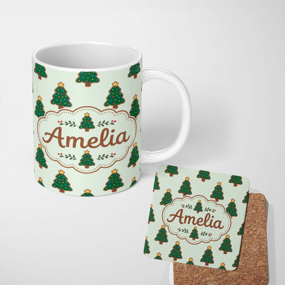 Personalized Custom Name Cute Christmas Tree Cookies with Colorful Lights Seamless Pattern 11oz Ceramic Coffee Tea Mug White Large Handle