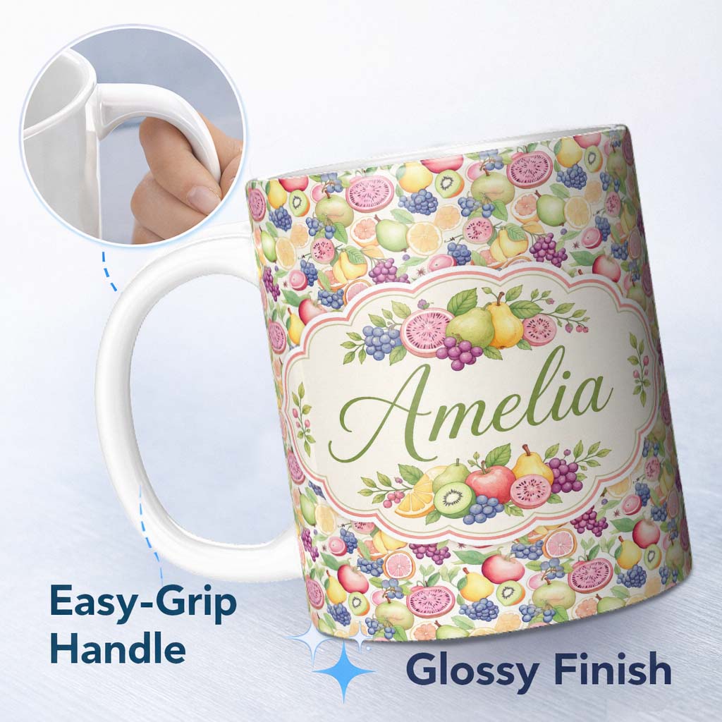 Personalized Custom Name Colorful Watercolor Exotic Fruit Mix with Citrus and Berries Lovely 11oz Ceramic Coffee Tea Mug White Large Handle