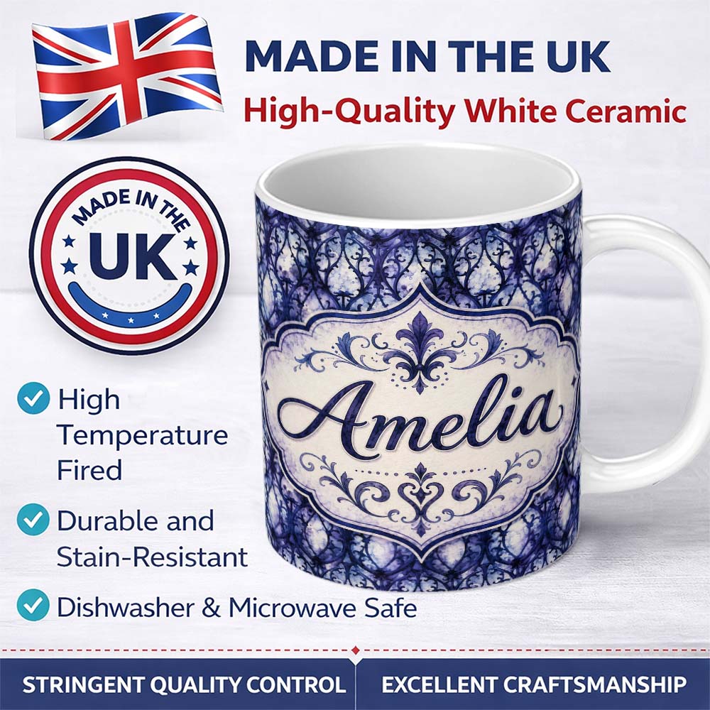 Personalized Custom Name Watercolor Gothic Lattice Indigo Blue Seamless Pattern Lovely 11oz Ceramic Coffee Tea Mug White Large Handle