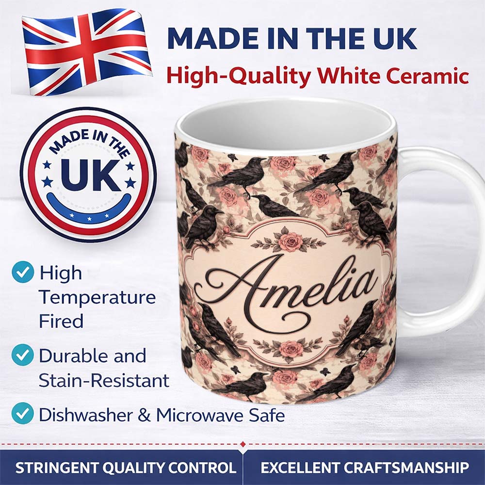 Personalized Custom Name Gothic Raven and Pink Roses Vintage Seamless Pattern Lovely 11oz Ceramic Coffee Tea Mug White Large Handle