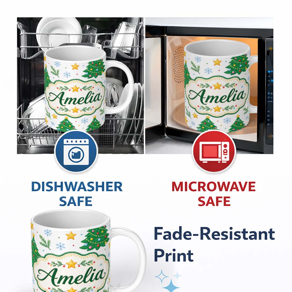 Personalized Custom Name Decorated Christmas Trees Stars Snowflakes Festive Seamless Pattern 11oz Ceramic Coffee Tea Mug White Large Handle