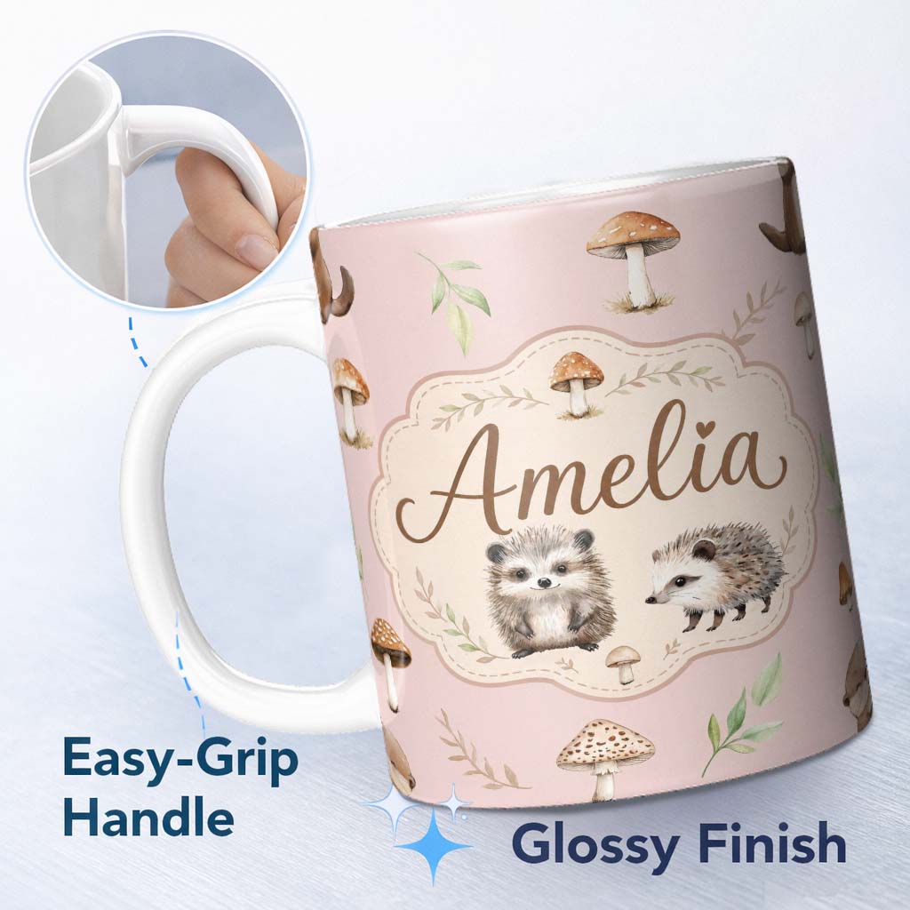 Personalized Custom Name Woodland Hedgehogs with Mushrooms Leaves Soft Cream Seamless 11oz Ceramic Coffee Tea Mug White Large Handle