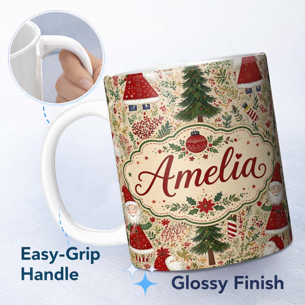 Personalized Custom Name Whimsical Santa Gnome Christmas Trees Seamless Pattern Festive 11oz Ceramic Coffee Tea Mug White Large Handle