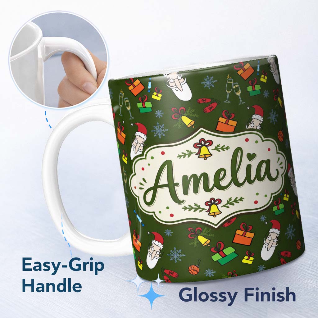 Personalized Custom Name Santa Claus Gifts Mittens Champagne Glass Snowflakes Festive Lovely 11oz Ceramic Coffee Tea Mug White Large Handle