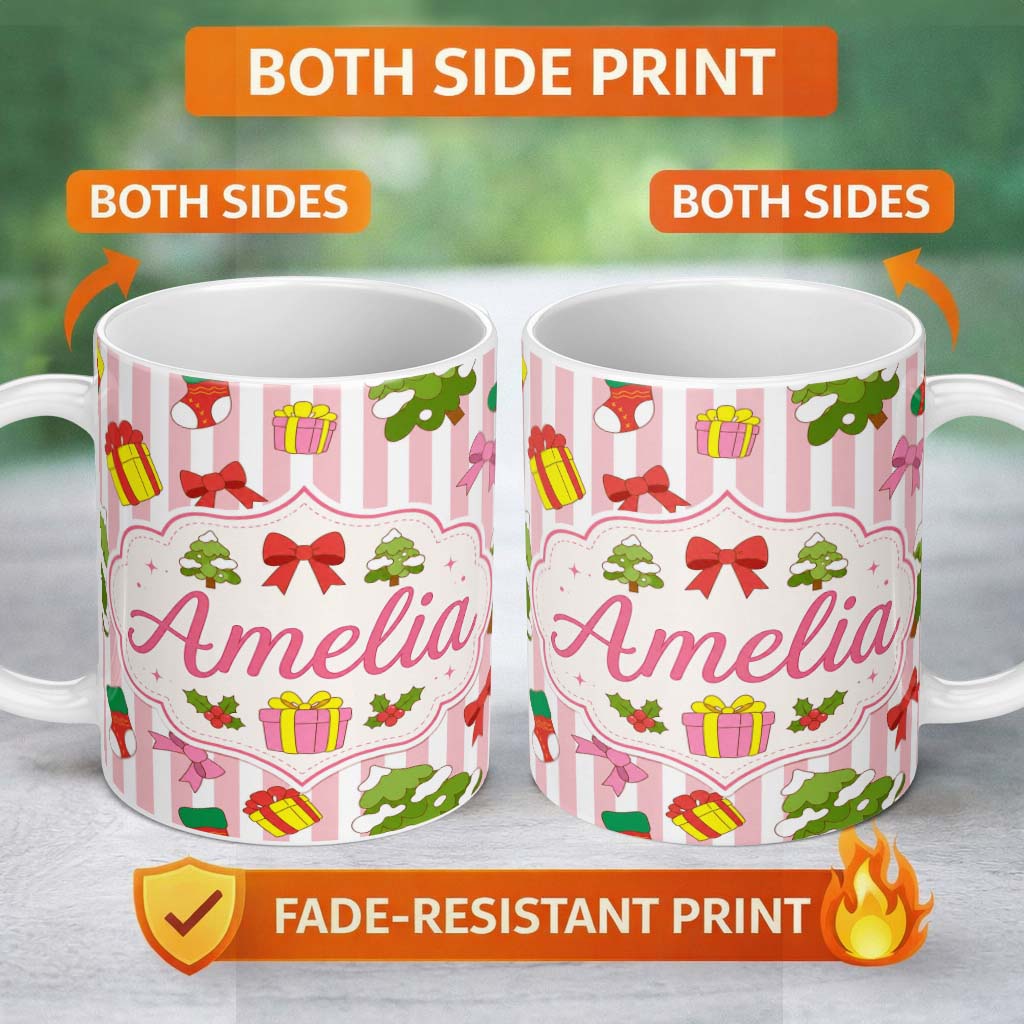 Personalized Custom Name Cute Christmas Tree Gift Bow Striped Background Seamless Pattern 11oz Ceramic Coffee Tea Mug White Large Handle