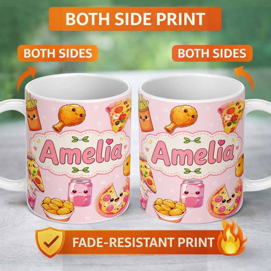 Personalized Custom Name Cute Kawaii Fast Food Pizza Chicken Soda Blush Pink Background 11oz Ceramic Coffee Tea Mug White Large Handle