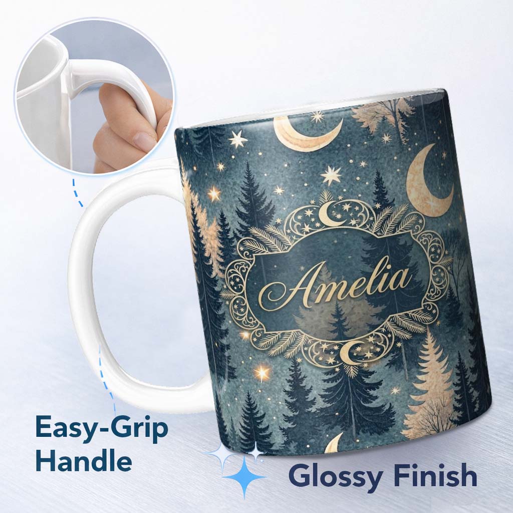 Personalized Custom Name Celestial Leaves Moon Stars Night Sky Seamless Pattern Lovely 11oz Ceramic Coffee Tea Mug White Large Handle