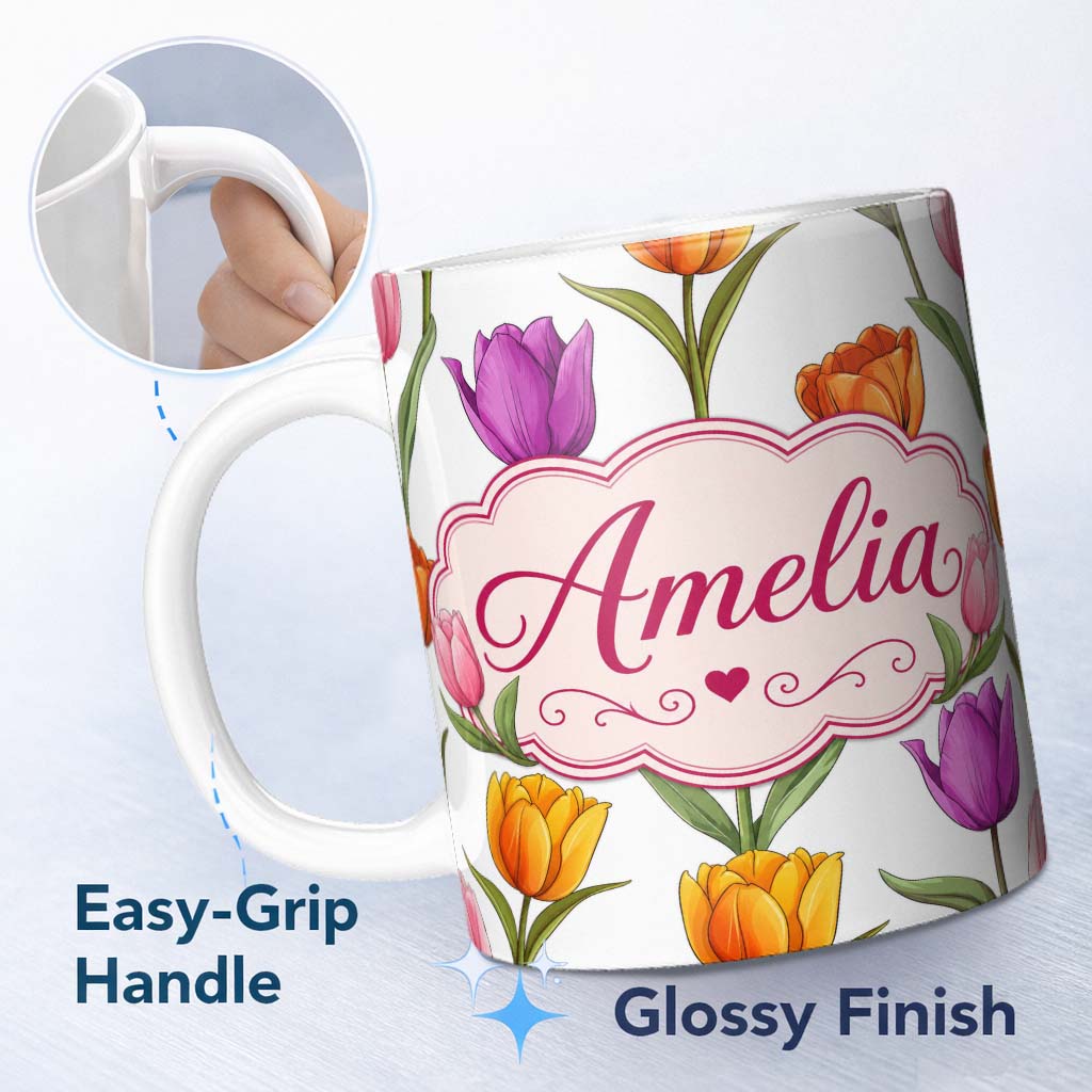 Personalized Custom Name Elegant Tulip Floral Seamless Pattern Light Grey Background Spring 11oz Ceramic Coffee Tea Mug White Large Handle