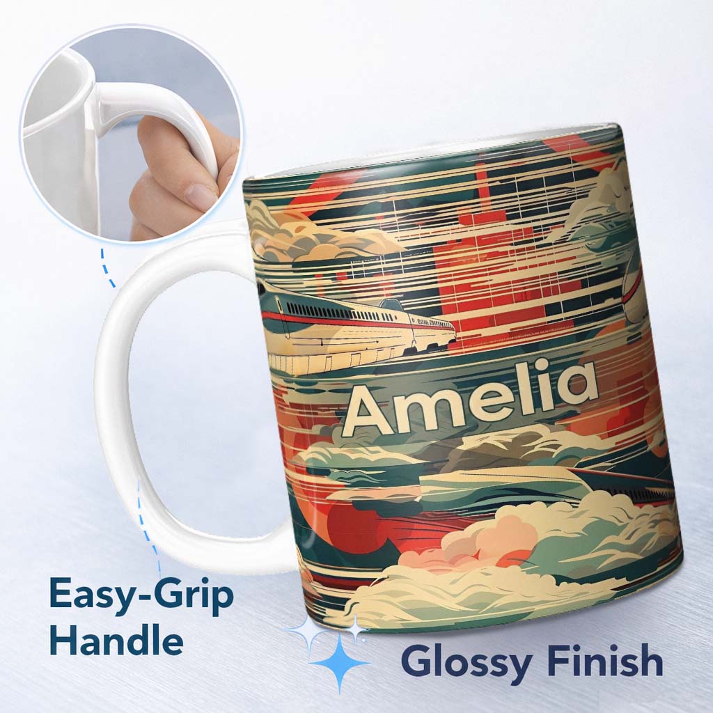 Personalized Custom Name Modern High Speed Train with Rising Sun and Clouds Pattern Japanese 11oz Ceramic Coffee Tea Mug White Large Handle