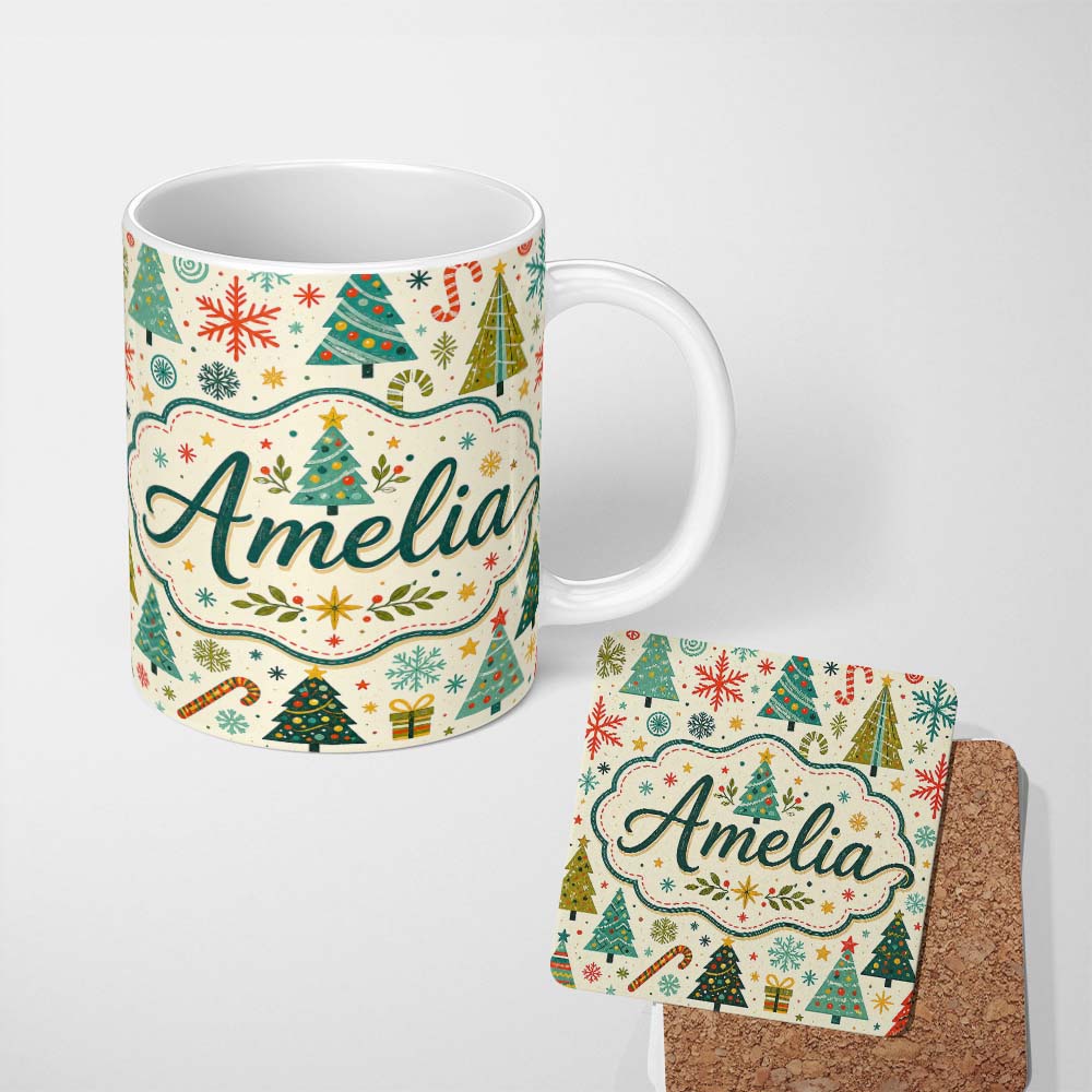 Personalized Custom Name Playful Christmas Trees Candy Canes Snowflakes Festive Seamless 11oz Ceramic Coffee Tea Mug White Large Handle