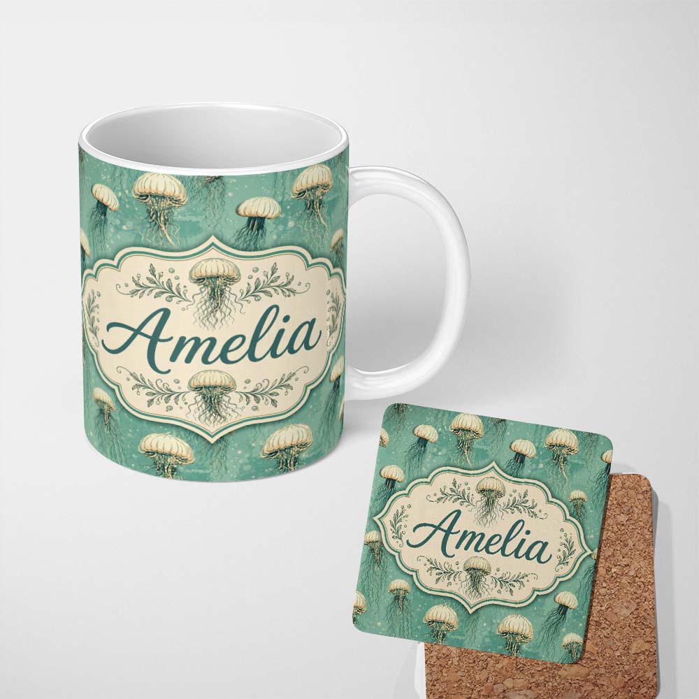Personalized Custom Name Style Jellyfish Illustration on Muted Green Background Ocean Lovely 11oz Ceramic Coffee Tea Mug White Large Handle