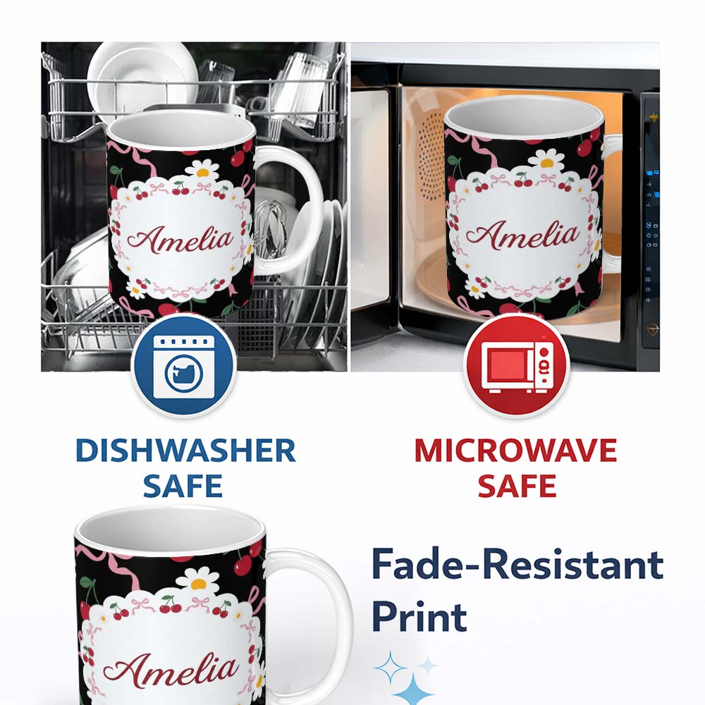 Personalized Custom Name Cute Cherry and Daisy Flowers with Pink Ribbon Bows Pattern Black 11oz Ceramic Coffee Tea Mug White Large Handle